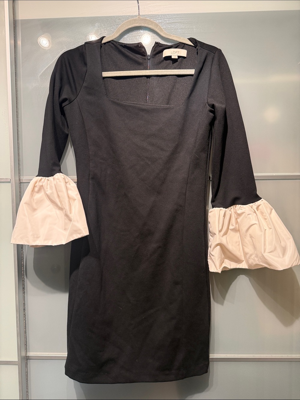 LOFT Black Mini Dress with Cream Bell Sleeves size 0